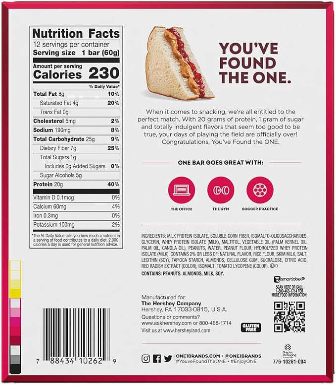 ONE Protein Bars, Peanut Butter & Jelly, Gluten Free with 20g Protein and 1g Sugar, Pantry Staples, 2.12 oz (12 Count)