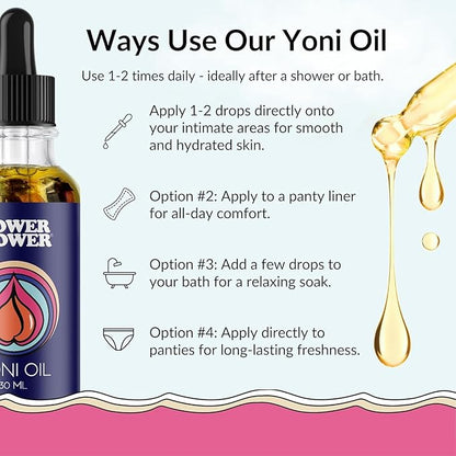 Flower Power Yoni Oil Vaginal Moisturizer, Nourishing Feminine Care for Vaginal Dryness, Odor Relief & Irritation, Blend of Jojoba, Peach Blossom & Sweet Almond Oil for Hydration, Vegan - 30 ml