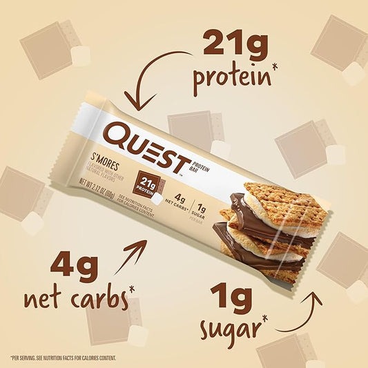 Quest Nutrition S'mores Protein Bar, 31g Protein, 4g Net Carbs, 1g Sugar, Gluten Free, Keto Friendly, 4 Count