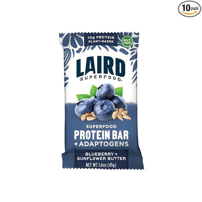 Laird Superfood Functional Protein Bars, Protein Bar but Better with Real Ingredients, Functional Mushrooms 10g Plant-Based Protein, 6g Fiber, Blueberry Sunflower Butter, 10 Count (Pack of 1)