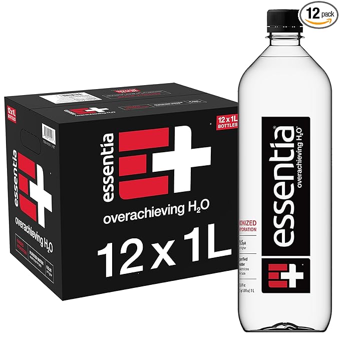 Essentia Water Bottled, Ionized Alkaline Water:99.9% Pure, Infused With Electrolytes, 9.5 pH Or Higher With A Clean, Smooth Taste, 1 Litre (Pack of 12)