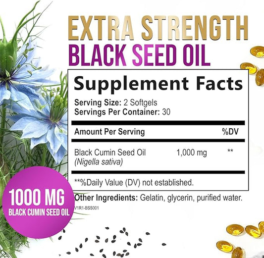 Black Seed Oil 1000mg - Premium Extra Strength Nigella Sativa Black Seed Oil - Black Cumin Seed Oil for Skin, Digestive Health & Immune Support - Non-GMO, Sugar Free & Bottled in USA - 60 Softgels