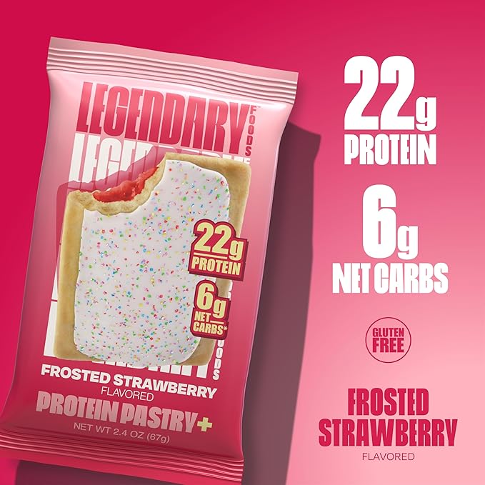 Legendary Foods 22g Protein Pastry+ Premium Low Carb Meal Replacement Bar - Low Glycemic, Gluten Free Protien Snacks - Healthy Keto Snack Box, 8x Zero Sugar Energy Bars - Bariatric Diabetic Friendly
