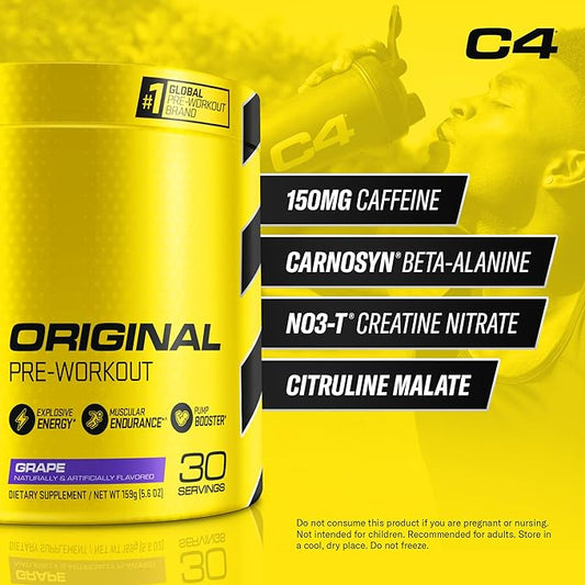 Cellucor C4 Original Pre Workout Powder Grape Sugar Free Preworkout Energy for Men & Women 150mg Caffeine + Beta Alanine + Creatine - 30 Servings (Packaging May Vary)