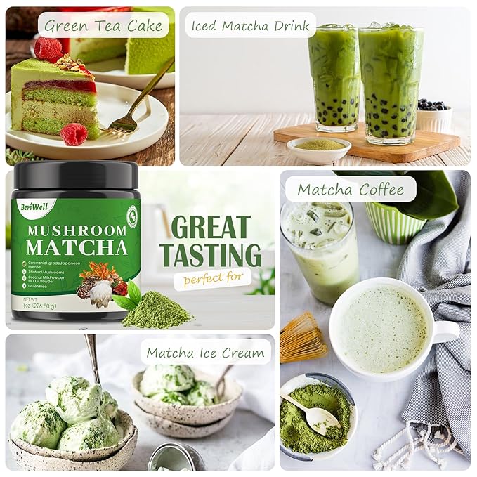 Mushroom Matcha Powder, Japanese Ceremonial Matcha Infused With 7 Superfood Mushrooms, MCT Oil, Coconut Milk Powder, Natural, Gluten Free, Taste Great Matcha Latter 8 Oz(45 Servings)