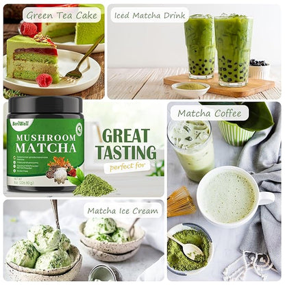 Mushroom Matcha Powder, Japanese Ceremonial Matcha Infused With 7 Superfood Mushrooms, MCT Oil, Coconut Milk Powder, Natural, Gluten Free, Taste Great Matcha Latter 8 Oz(45 Servings)