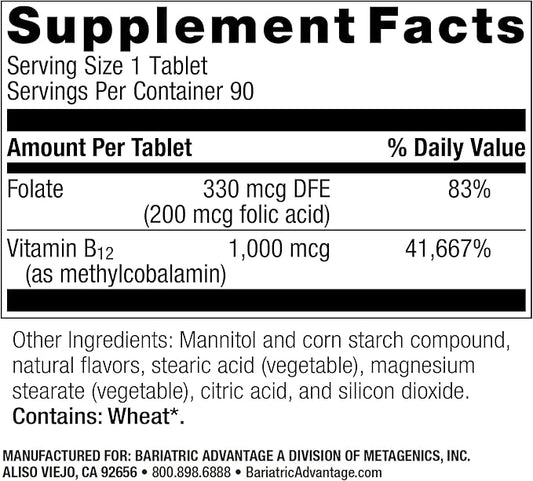 Bariatric Advantage B-12 Speedy Melts, Vitamin B12 1000 mcg Supplement, Fast Melting with 200 mcg of Folic Acid for Nutritional Support - Black Cherry, 90 Count