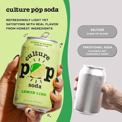 Culture Pop Soda, Lemon Lime, Probiotic Low Sugar Soda, Sparkling Juice Alternative, Non-GMO, Kosher, Gluten-Free, No Stevia (12pk)