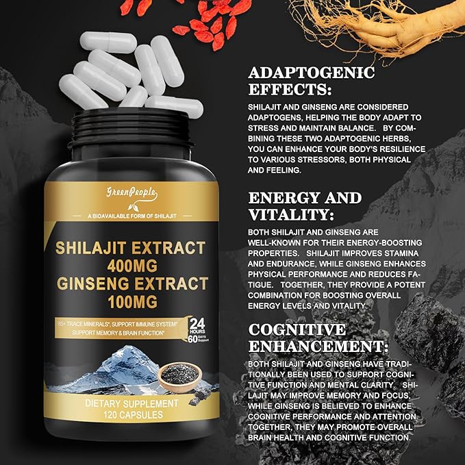 Shilajit 400mg with Ginseng, Maximum Potency 120 Count