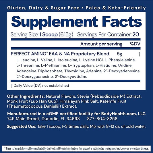 BodyHealth PerfectAmino Powder - BCAA and EAA Powder for Pre and Post Workout - Amino Acid Energy Drink Powder for Men and Women to Support Lean Muscle and Recovery - Chocolate - 20 Servings