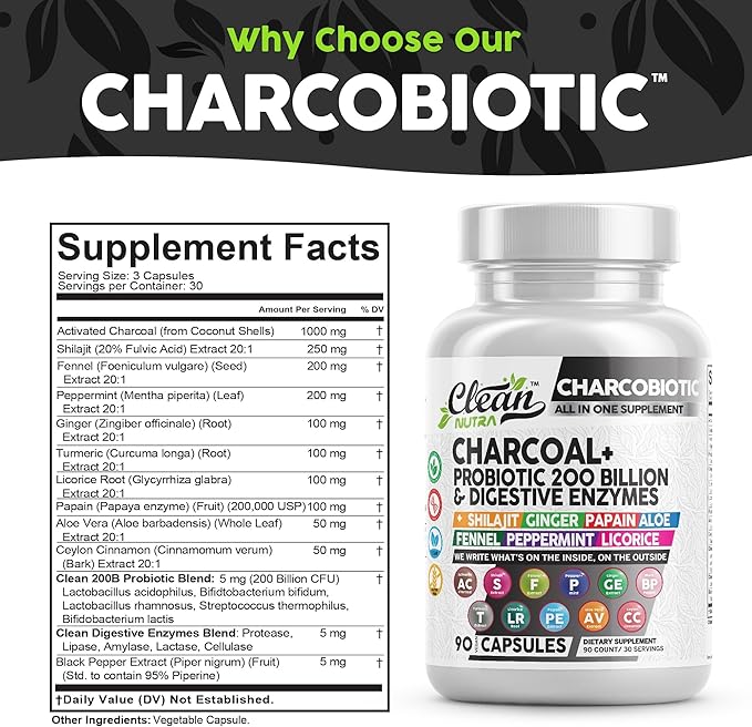 Clean Nutra Activated Charcoal Capsules Shilajit 5000mg Pills 200 Billion