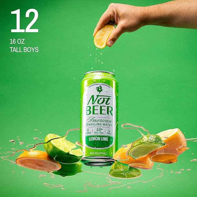 Not Beer American Sparkling Water, Lemon Lime, 99.9% Pure, Mineral & Electrolyte Blend, Carbonated Soda Water, Made in America, 16 Oz Tallboy Cans, 12 Pack