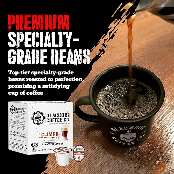 Blackout Coffee Climax Amaretto, Irish Cream & Kahlua Flavored Pods - Freshly Roasted in the USA - K-Cup Compatible Single-Serve Pods (18 Count)
