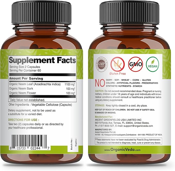 Organic Veda Neem Capsules with Triple 120 Count