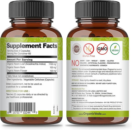 Organic Veda Neem Capsules with Triple 120 Count