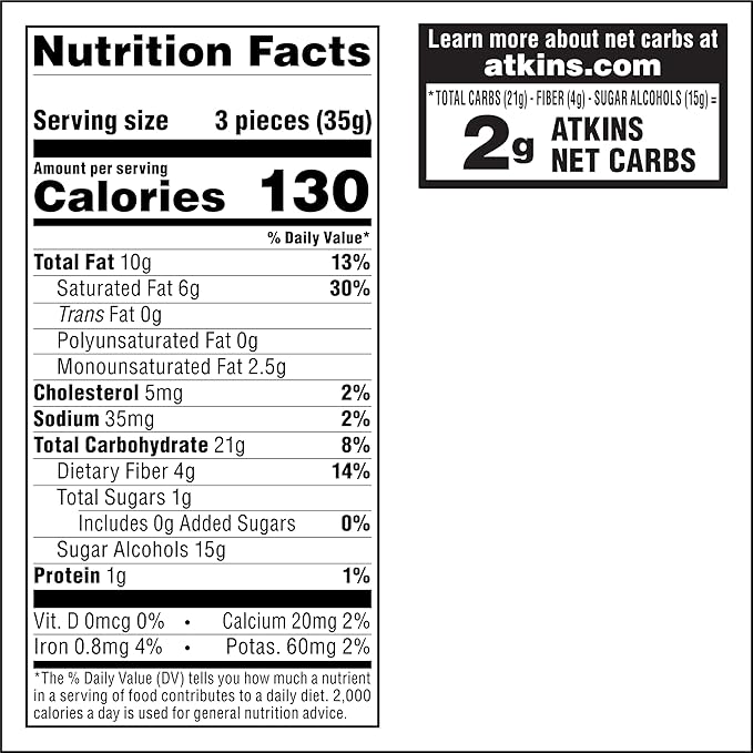 Atkins Endulge Milk Chocolate Caramel Squares, Dessert Favorite, Good Source of Fiber, 1g Sugar, 48 Count (16 Servings)