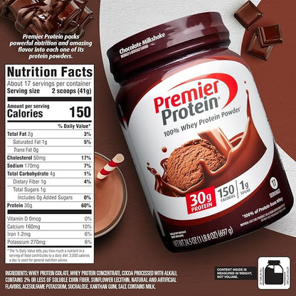 Premier Protein Powder, Chocolate Milkshake, 30g 1g Sugar, 100% Whey 17 Servings, 23.9 Ounce 1)