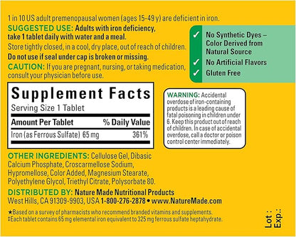 Nature Made Iron 65 mg (325 mg Ferrous Sulfate) Tablets, Dietary Supplement for Red Blood Cell Support, 180 Tablets, 180 Day Supply (Pack of 2)