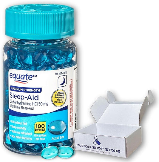 Diphenhydramine 50mg- Equate softgels Maximum Strength 100ct (Pack 1), Boxed