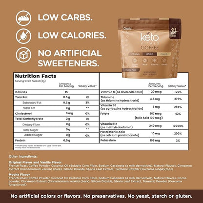 Keto Vitals Instant Keto Coffee Powder - Low-Calorie Sweetened Coffee Packets, Single Serve - Instant Mix in Original, Vanilla, & Mocha Flavors - 30 Count