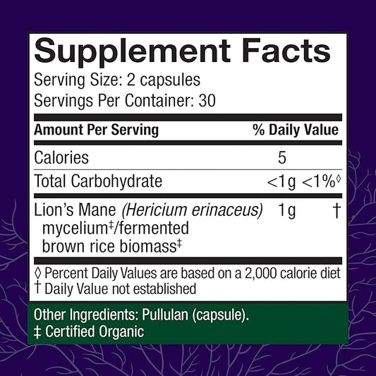 Host Defense Mushrooms Lion's Mane - Supplement Capsules for Brain Health Support - Mushroom Support for Focus & Memory Function - Immune & Nervous System Supplement - 60 Capsules (30 Servings)*