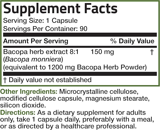Bronson Bacopa Supports Healthy Brain Function and Mental Performance, Traditional Herb, Non-GMO, 90 Vegetarian Capsules