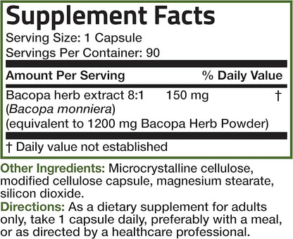 Bronson Bacopa Supports Healthy Brain Function and Mental Performance, Traditional Herb, Non-GMO, 90 Vegetarian Capsules