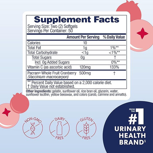 AZO Cranberry Supplement, Made with Concentrated Whole Fruit Cranberry Powder to Help Cleanse and Protect the Urinary Tract*, Sugar Free Cranberry Pills, Non-GMO, 100 Softgels