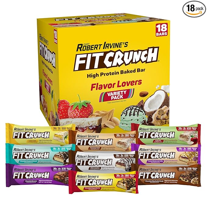 FITCRUNCH Snack Size Protein Bars, 6-Layer Baked Bar, 3g of Sugar, Gluten Free & Soft Cake Core (18 Count, Flavor Lovers)