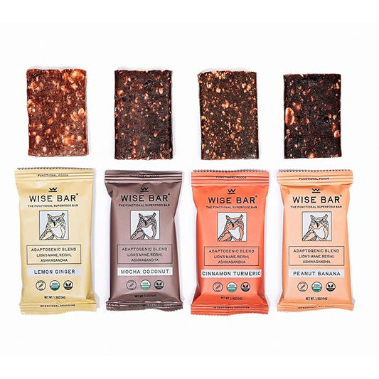 Wise Bar Adaptogen Mushroom Nutrition Bars with Reishi, Lions Mane & Ashwagandha, Organic Vegan & Gluten Free Snacks for Natural Focus, Energy & Immunity Support, Variety Flavor Pack, 12 Count