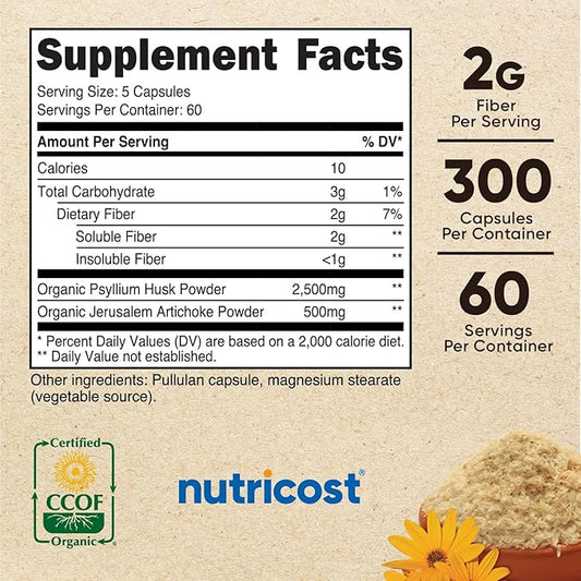 Nutricost Fiber Capsules with Prebiotic Fiber 300 Capsules 60 Servings, 2 G