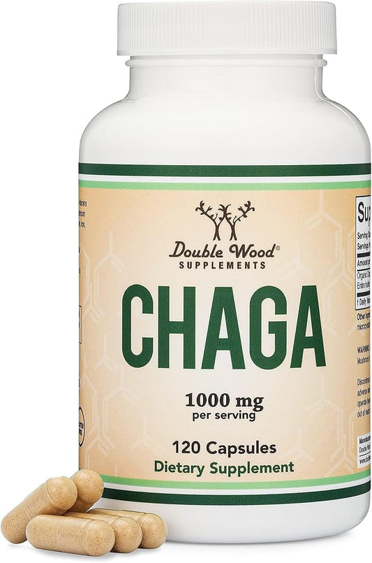 Chaga Mushrooms Capsules 120 Count (1,000mg Chaga Mushrooms Powder per Serving) High in Polysaccharides, Beta Glucans, and Terpenoids - Grown and Made in The USA, Vegan Safe, Organic by Double Wood
