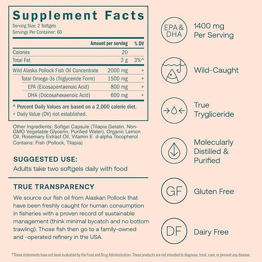 True Grace Omega-3 Fish Oil - 120 Softgels - 1400 mg EPA + DHA - Brain, Heart, Joint & Immune Health - Organic, Gluten Free, Soy Free