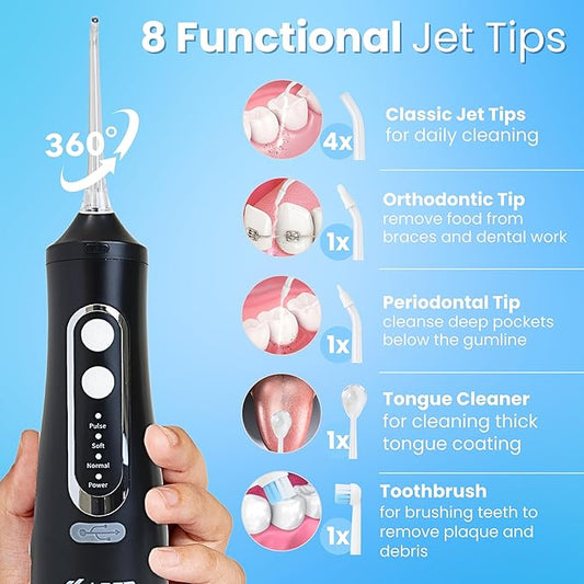 Dental Water Flosser Cordless, 310ML Electric 4 Cleaning 8 Replaceable IPX7 Waterproof (8 Tips)
