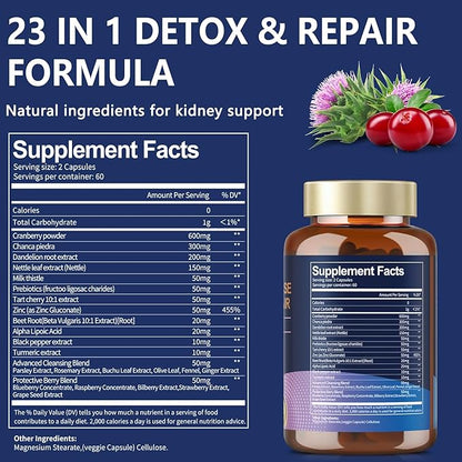 Kidney Cleanse Detox & Repair Capsules 120 Counts, 23 IN 1 Kidney