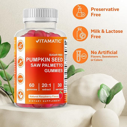 Vitamatic 2 Packs Sugar Free Pumpkin Seed Gummies - Made with Saw Palmetto - Natural Raspberry Flavor - 60 Count