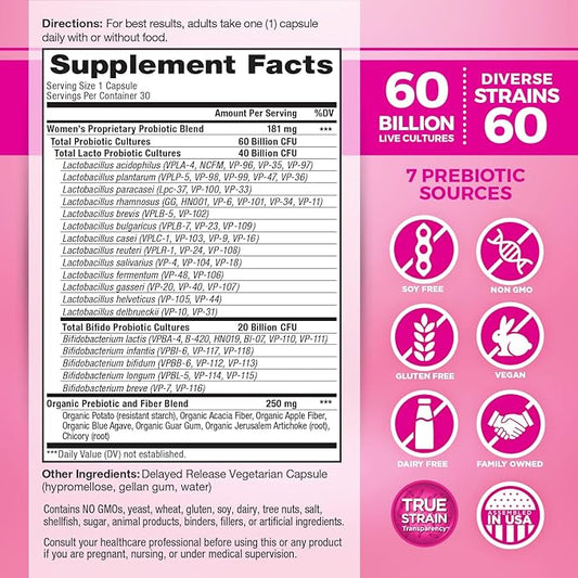 Vital Planet - Vital Flora Women’s Daily Probiotic 60 Billion CFU, 60 Diverse Strains, 7 Organic Prebiotics, Vaginal and Immune Support, Bloating, Digestive Health Probiotics for Women 30 Capsules