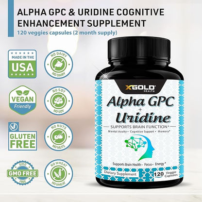 Alpha GPC Choline 600mg + Uridine 300mg-2-in-1 Nootropic -120 Veggie