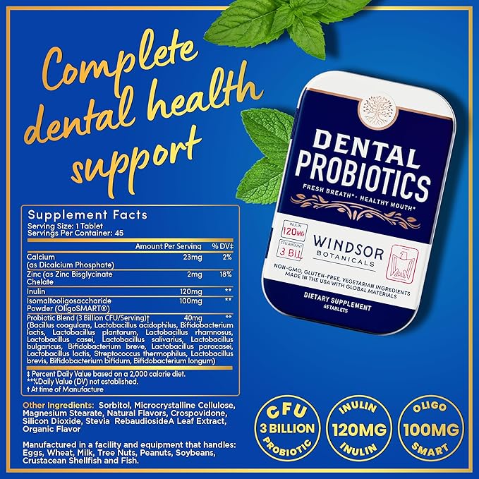 Dental Probiotics for Teeth and Gums - 3BN CFU Lactobacillus Salivarius Acidophilus Casei Paracasei Tablets - Oral Health Probiotics for Mouth & Bad Breath - 45 Chewable Dental Probiotic in a Tin