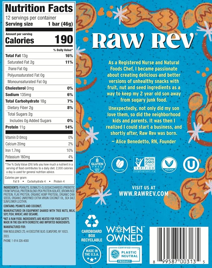 Raw Rev Vegan High-Protein Bars, Crunchy Peanut Butter & Sea Salt, 12g Plant Protein, 12g Fiber, 1.6 Oz, 12 Count (Pack of 1)