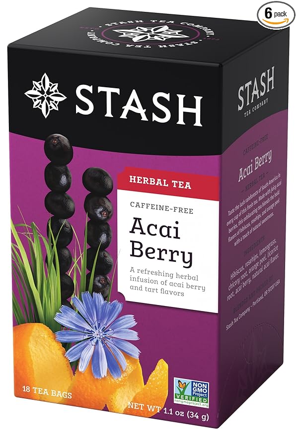 Stash Tea Acai Berry Herbal Tea - Naturally Caffeine Free, Non-GMO Project Verified Premium Tea with No Artificial Ingredients, 18 Count (Pack of 6) - 108 Bags Total