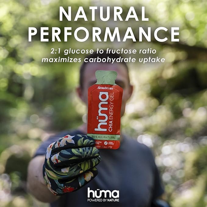 Huma Chia Energy Gel, Raspberries, 12 Gels, 1x Caffeine - Premier Sports Nutrition for Endurance Exercise