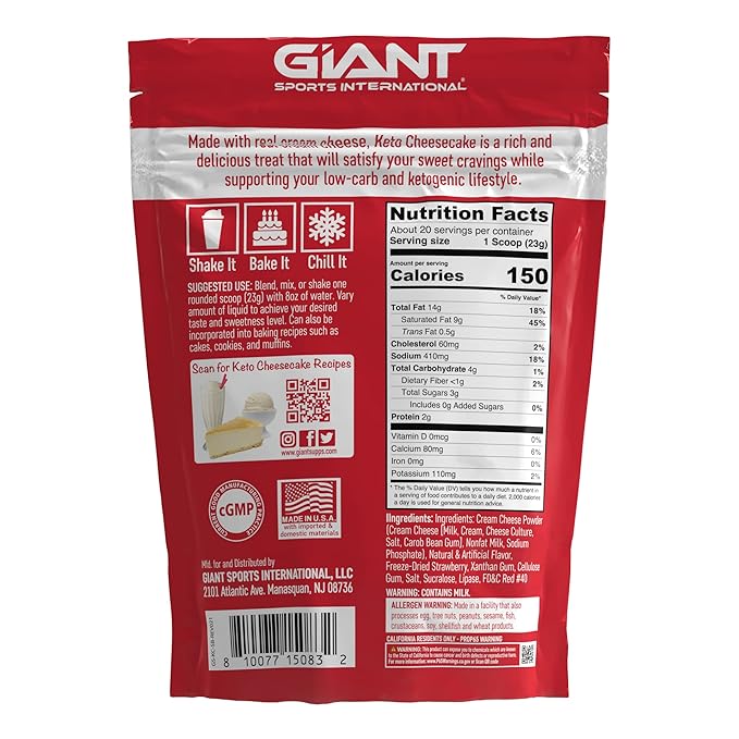 Giant Sports Keto Cheesecake Shake Mix - Delicious Low Carb, Ketogenic Diet Gluten Free Powder Mix - Works Great with Almond Milk - Strawberry (20 Serving Bag)