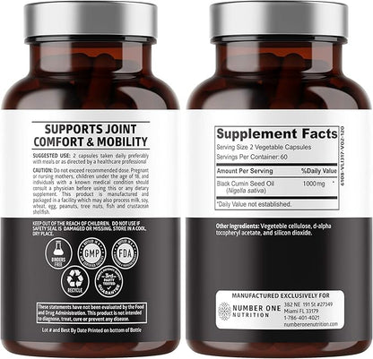 Number One Nutrition N1N Premium Black Seed Oil [Max Strength, 1000 mg] 100% Cold-Pressed Nigela Sativa to Support Digestion, Immune System and Joint Comfort and Mobility, 120 Caps