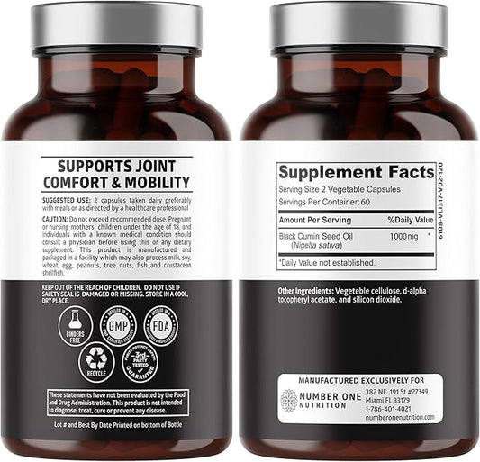 Number One Nutrition N1N Premium Black Seed Oil [Max Strength, 1000 mg] 100% Cold-Pressed Nigela Sativa to Support Digestion, Immune System and Joint Comfort and Mobility, 120 Caps