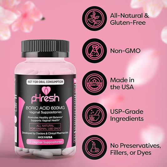 pHresh Boric Acid Suppositories for Women, Suppositories for Odor Use, Natural Feminine Care Supports Vaginal Health & Promotes Healthy pH Balance - Made in USA