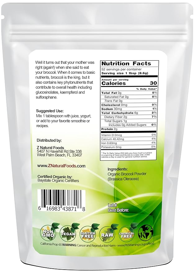 Z Natural Foods Organic Broccoli Powder, Nutrient Dense, Superfood Powder Supplement For Smoothies, Shakes, Soup, Sauces, Coffee, Pasta, More - Raw, Vegan, Gluten Free, Non GMO, Kosher, 1 lb
