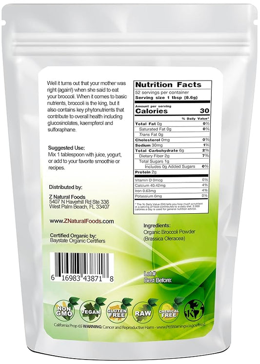 Z Natural Foods Organic Broccoli Powder, Nutrient Dense, Superfood Powder Supplement For Smoothies, Shakes, Soup, Sauces, Coffee, Pasta, More - Raw, Vegan, Gluten Free, Non GMO, Kosher, 1 lb