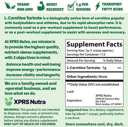 XPRS Nutra L Carnitine L Tartrate Powder - Premium Pure L Carnitine Tartrate - L-Carnitine Powder - Vegan Friendly Bulk L Carnitine Powder - Amino Acid L Carnitine Supplement (4 Ounce)