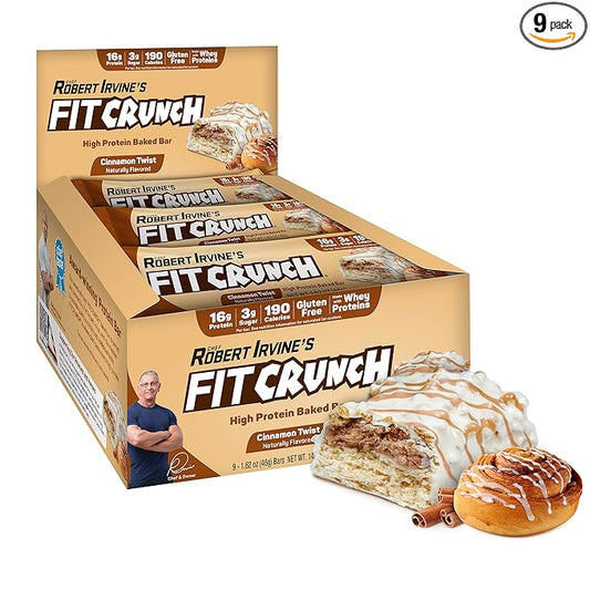 FITCRUNCH Snack Size Protein Bars, 6-Layer Baked Bar, 3g of Sugar & Soft Cake Core (9 Bars, Cinnamon Twist)